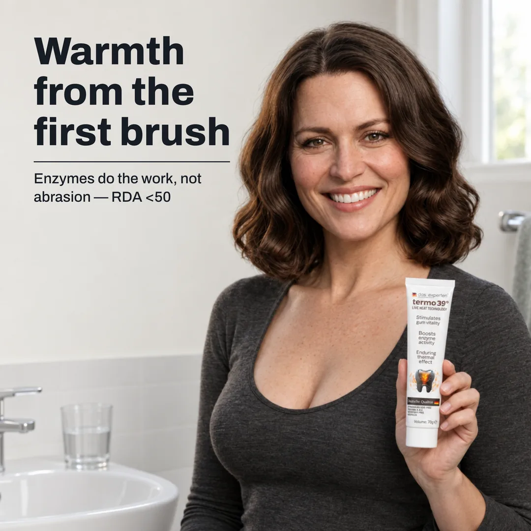 Warmth from the first brush — Enzymes do the work, not abrasion — RDA <50