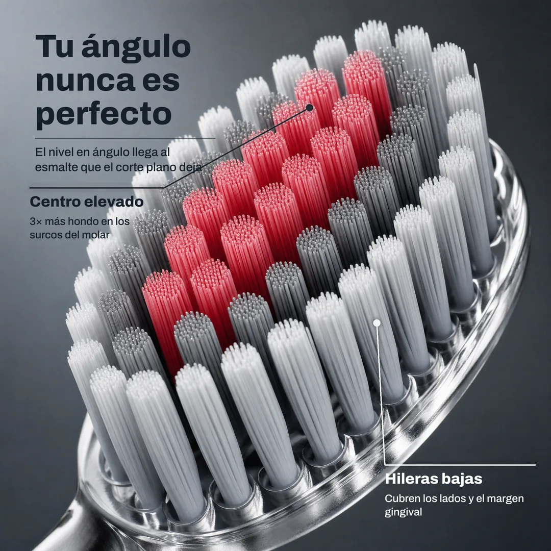 Tu ángulo nunca es perfecto — El nivel en ángulo llega al esmalte que el corte plano deja · Centro elevado: 3× más hondo en los surcos del molar · Hileras bajas: Cubren los lados y el margen gingival
