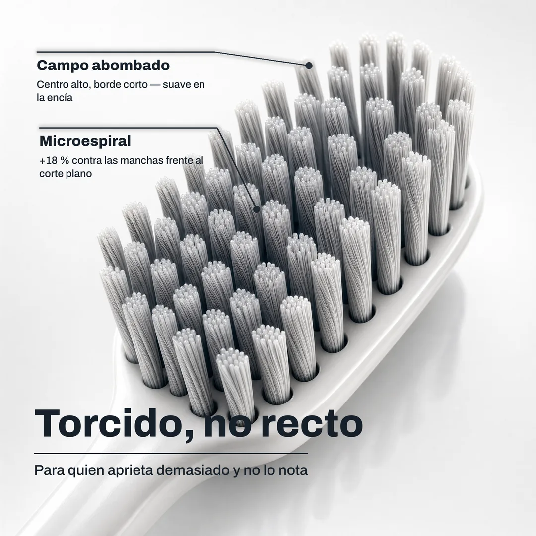 Torcido, no recto — Para quien aprieta demasiado y no lo nota · Microespiral: +18 % contra las manchas frente al corte plano · Campo abombado: Centro alto, borde corto — suave en la encía