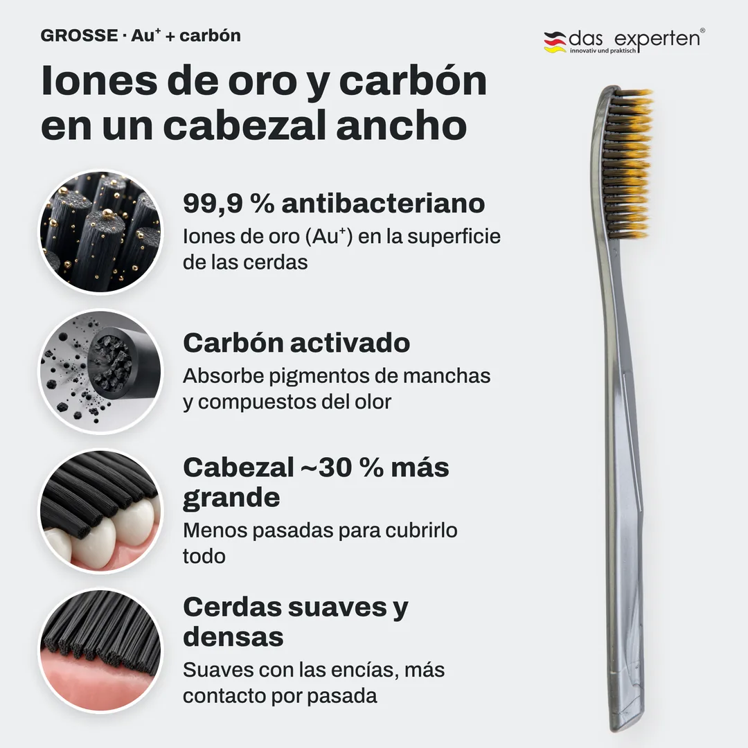 Iones de oro y carbón en un cabezal ancho — 99,9 % antibacteriano; Carbón activado; Cabezal ~30 % más grande; Cerdas suaves y densas