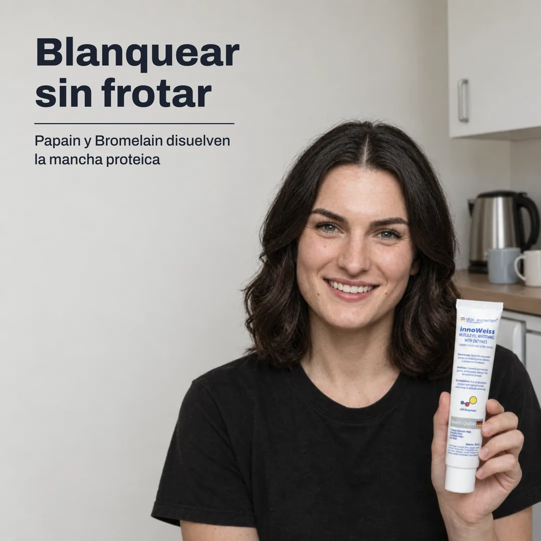 Blanquear sin frotar — Papain y Bromelain disuelven la mancha proteica