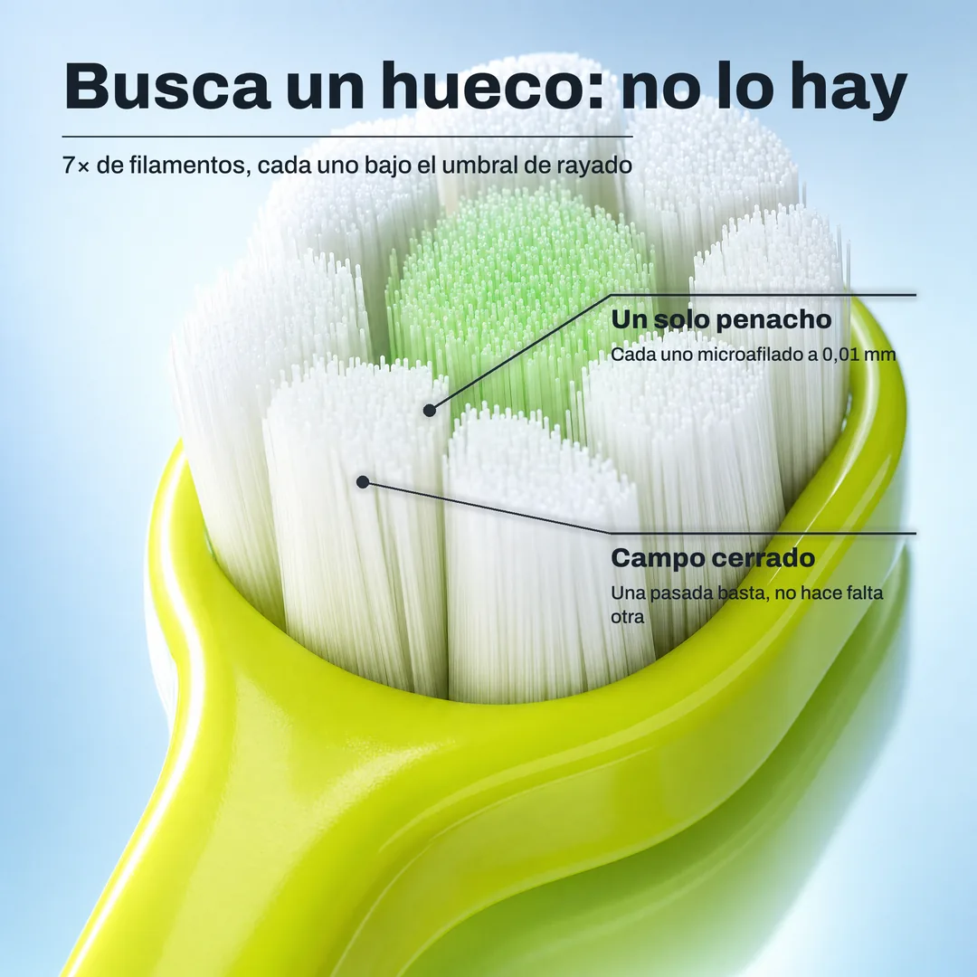 Busca un hueco: no lo hay — 7× de filamentos, cada uno bajo el umbral de rayado · Un solo penacho: Cada uno microafilado a 0,01 mm · Campo cerrado: Una pasada basta, no hace falta otra