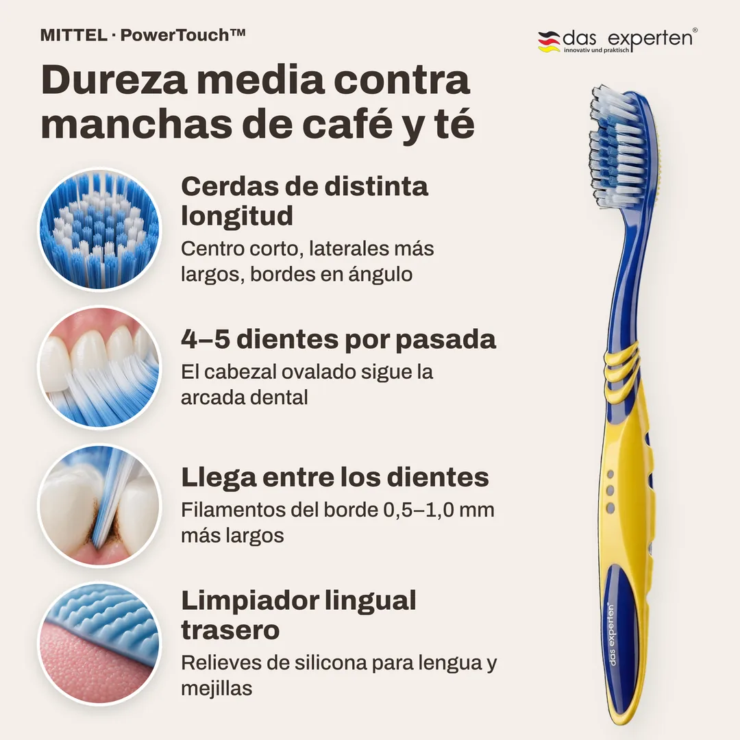 Dureza media contra manchas de café y té — Cerdas de distinta longitud; 4–5 dientes por pasada; Llega entre los dientes; Limpiador lingual trasero