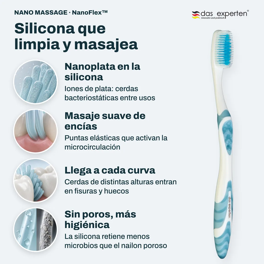 Silicona que limpia y masajea — Nanoplata en la silicona; Masaje suave de encías; Llega a cada curva; Sin poros, más higiénica