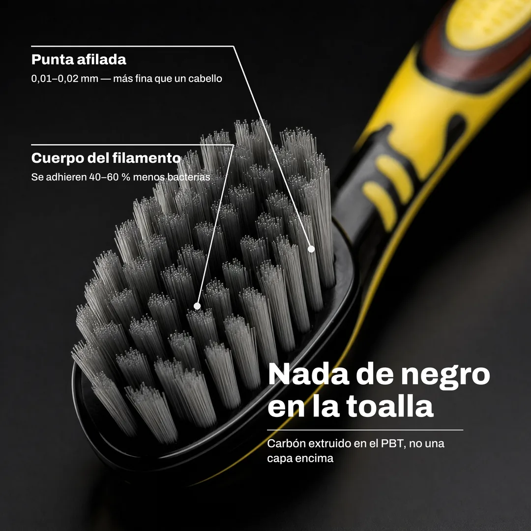 Nada de negro en la toalla — Carbón extruido en el PBT, no una capa encima · Cuerpo del filamento: Se adhieren 40–60 % menos bacterias · Punta afilada: 0,01–0,02 mm — más fina que un cabello