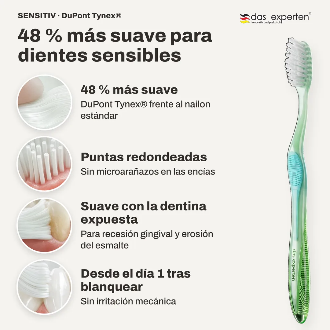 48 % más suave para dientes sensibles — 48 % más suave; Puntas redondeadas; Suave con la dentina expuesta; Desde el día 1 tras blanquear