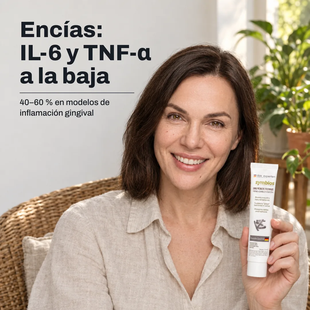 Encías: IL-6 y TNF-α a la baja — 40–60 % en modelos de inflamación gingival