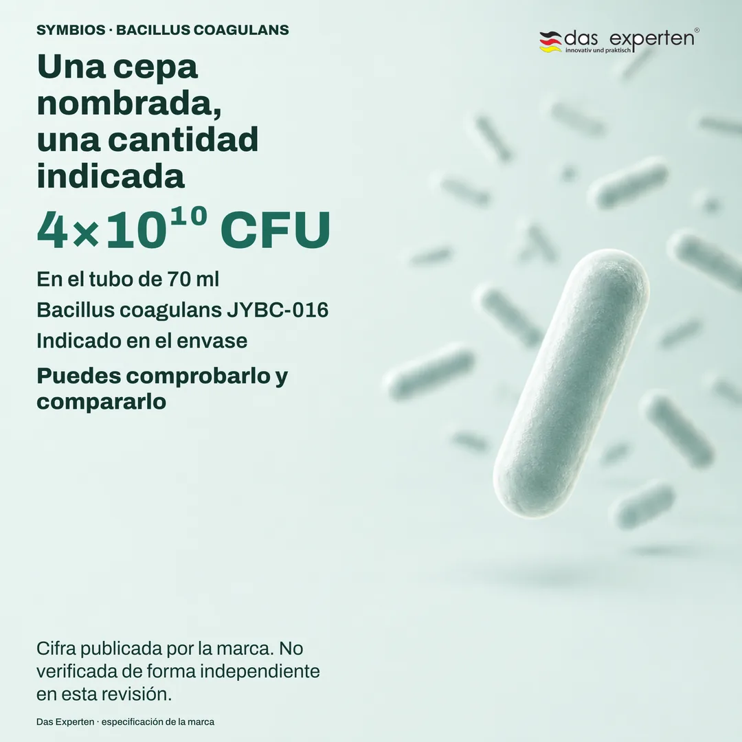 Placa de especificación ilustrada con 4×10¹⁰ CFU en el tubo de 70 ml y la cepa Bacillus coagulans JYBC-016, según la marca