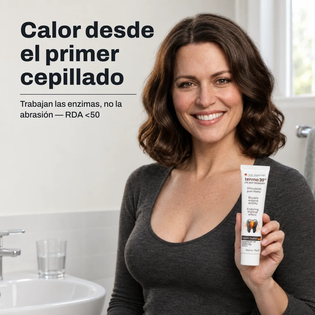 Calor desde el primer cepillado — Trabajan las enzimas, no la abrasión — RDA <50