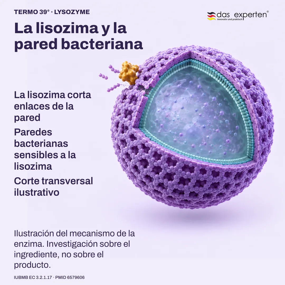 Corte ilustrativo de una pared bacteriana sensible a la lisozima, donde la enzima corta enlaces