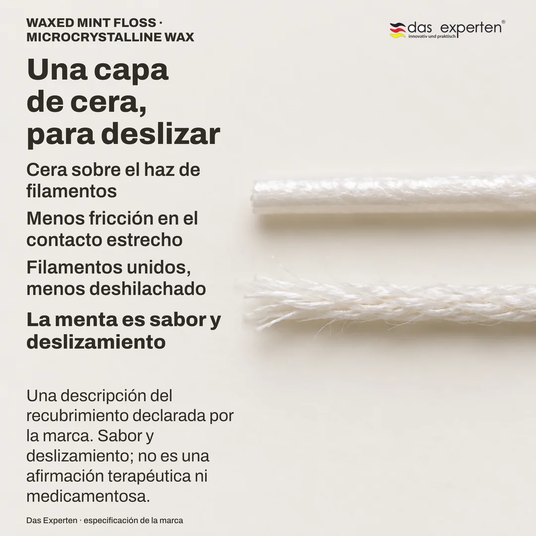 Estudio de material: un hilo encerado ampliado, con capa continua, junto a un haz sin cera cuyas fibras se separan