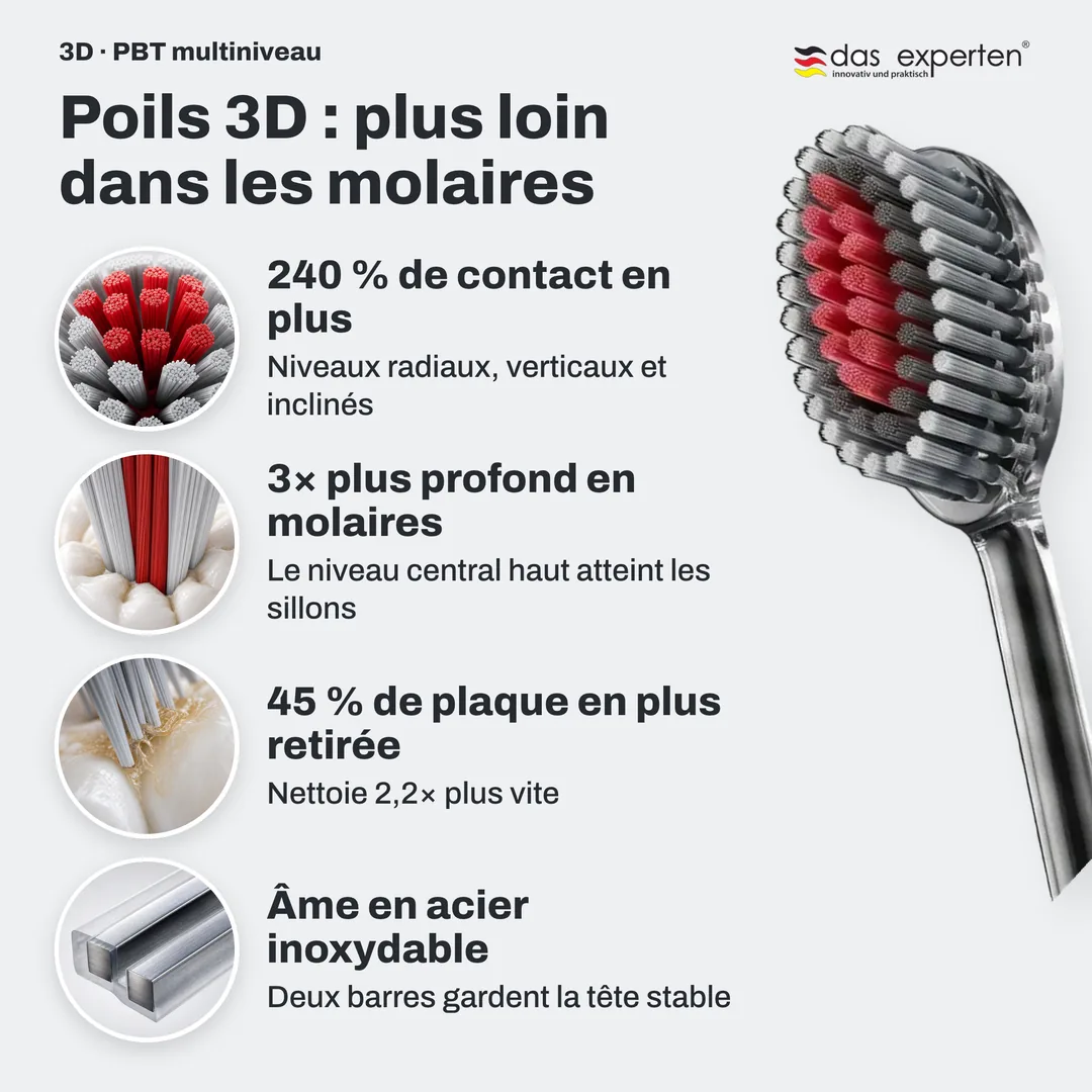 Poils 3D : plus loin dans les molaires — 240 % de contact en plus; 3× plus profond en molaires; 45 % de plaque en plus retirée; Âme en acier inoxydable