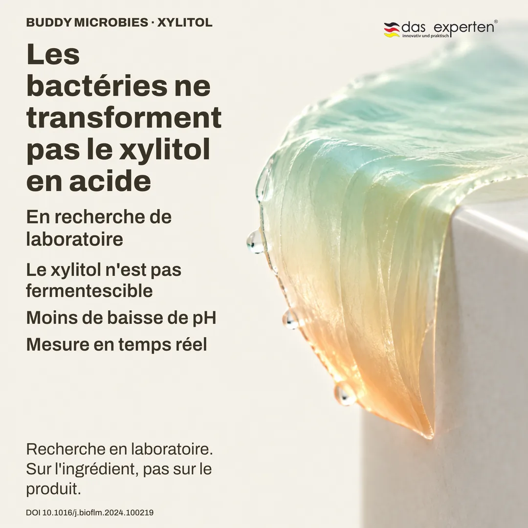 Illustration d'une mesure de pH dans un biofilm : avec le xylitol, le pH baisse moins — recherche sur l'ingrédient