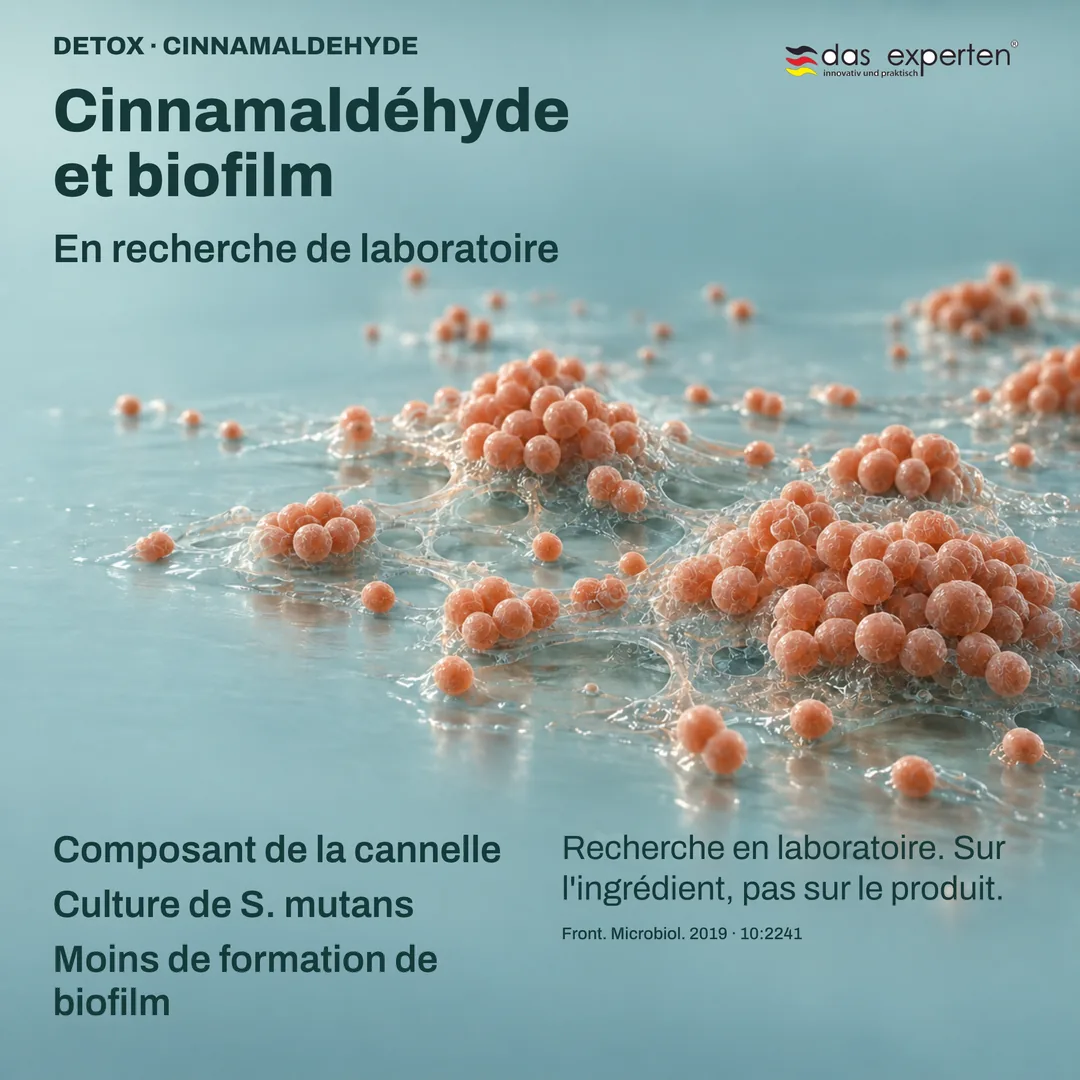 Illustration : culture de S. mutans formant moins de biofilm avec le cinnamaldéhyde, composant de la cannelle, en laboratoire
