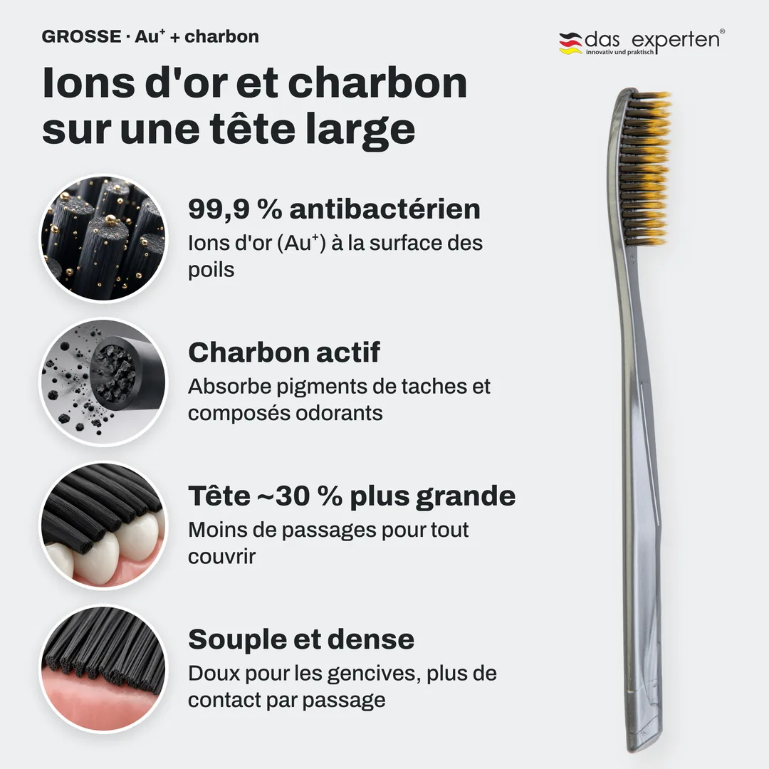 Ions d'or et charbon sur une tête large — 99,9 % antibactérien; Charbon actif; Tête ~30 % plus grande; Souple et dense