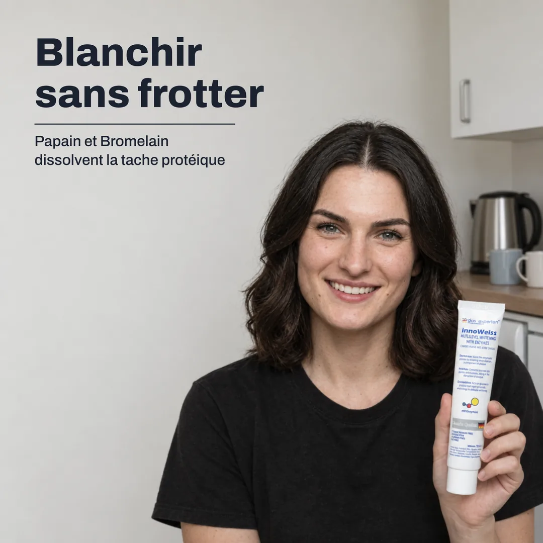 Blanchir sans frotter — Papain et Bromelain dissolvent la tache protéique