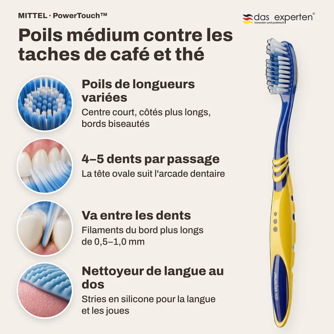 Poils médium contre les taches de café et thé — Poils de longueurs variées; 4–5 dents par passage; Va entre les dents; Nettoyeur de langue au dos
