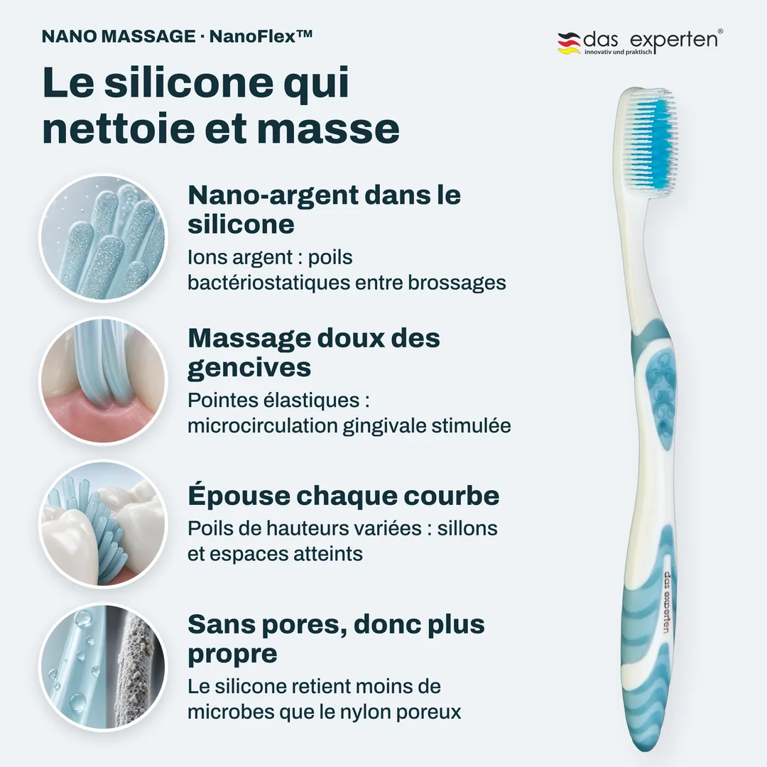 Le silicone qui nettoie et masse — Nano-argent dans le silicone; Massage doux des gencives; Épouse chaque courbe; Sans pores, donc plus propre