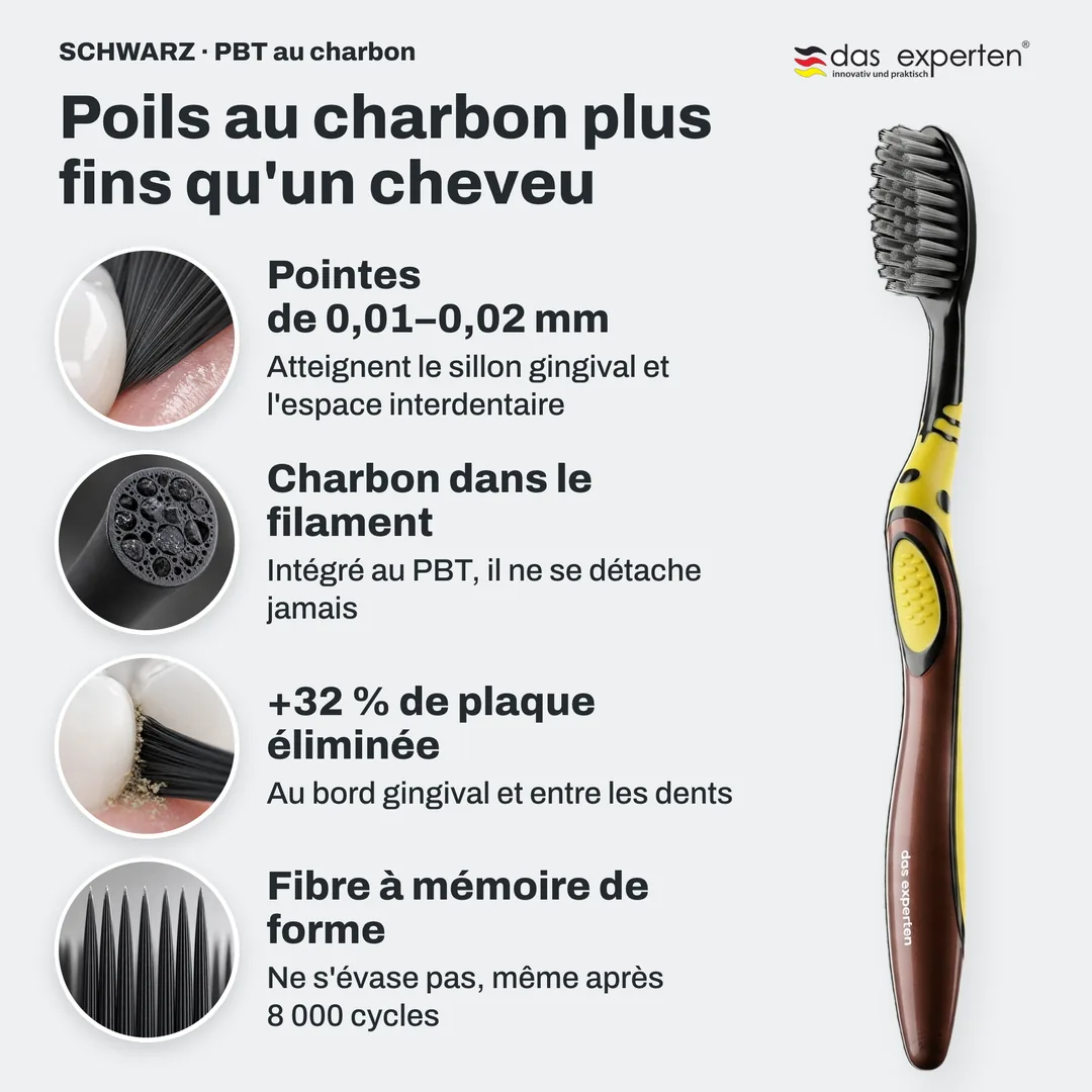 Poils au charbon plus fins qu'un cheveu — Pointes de 0,01–0,02 mm; Charbon dans le filament; +32 % de plaque éliminée; Fibre à mémoire de forme
