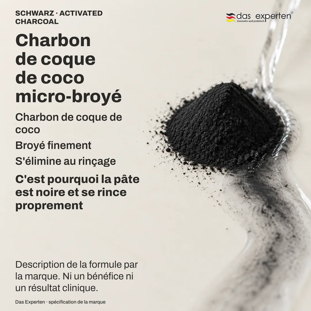 Illustration de poudre de charbon de coco micro-broyée emportée par l'eau de rinçage : description de la formule