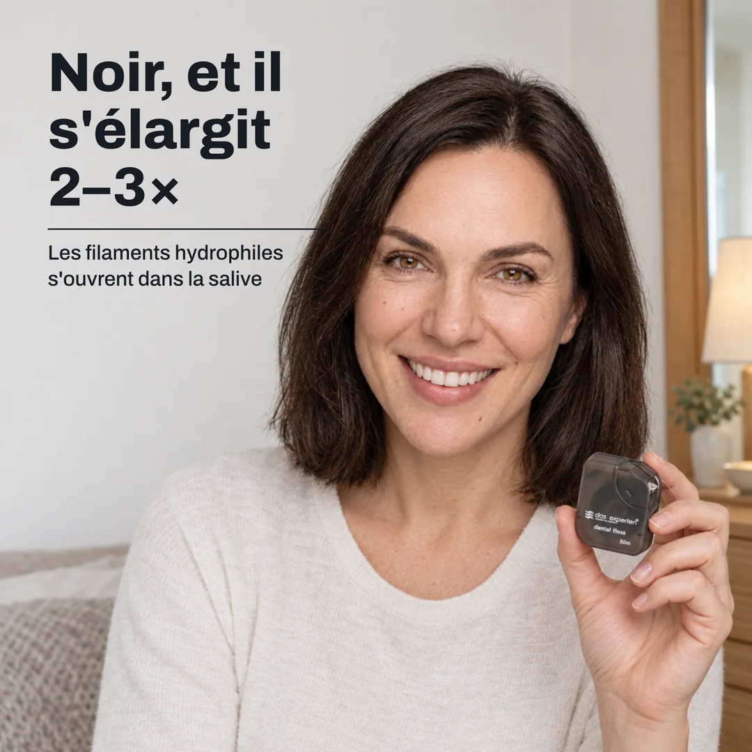 Noir, et il s'élargit 2–3× — Les filaments hydrophiles s'ouvrent dans la salive