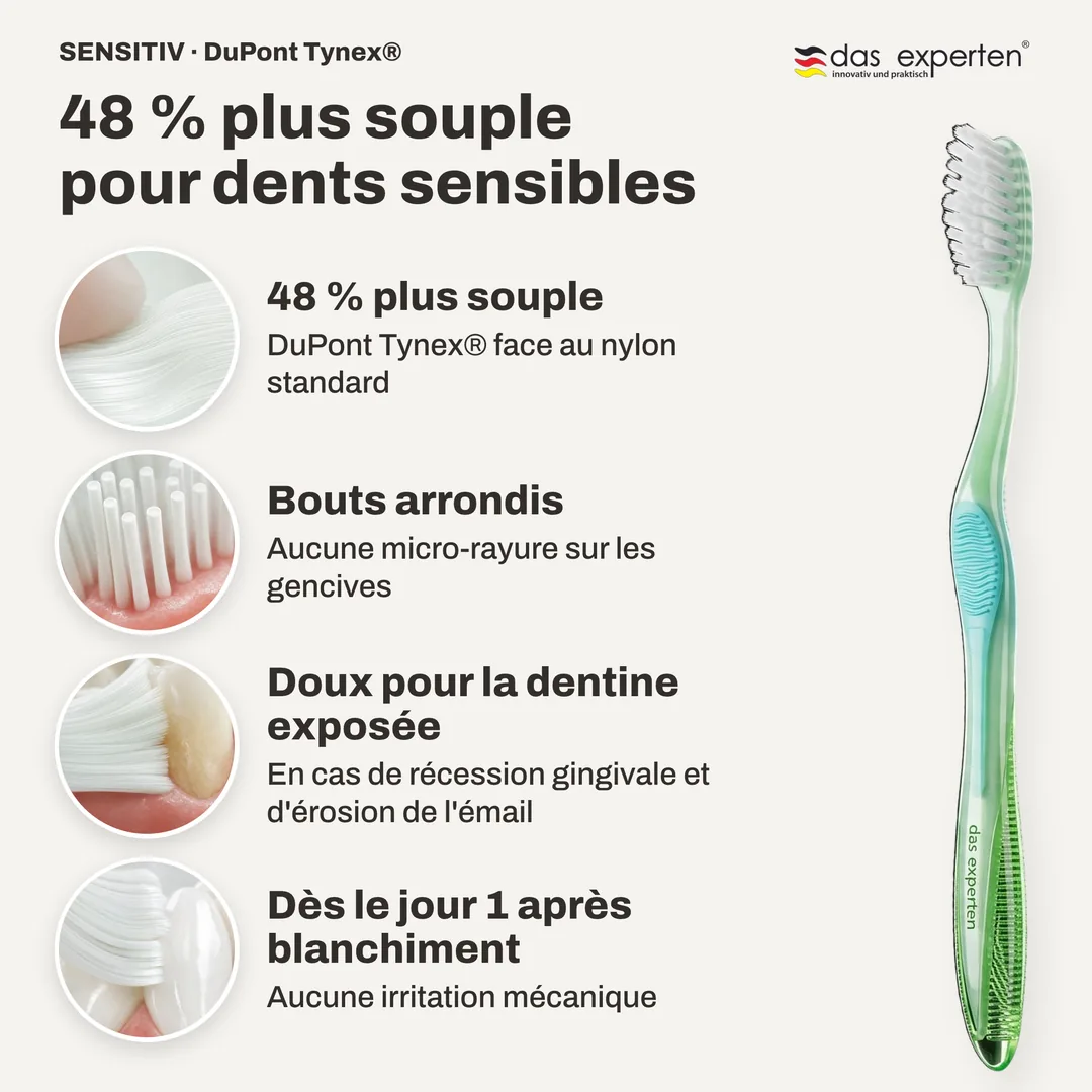 48 % plus souple pour dents sensibles — 48 % plus souple; Bouts arrondis; Doux pour la dentine exposée; Dès le jour 1 après blanchiment