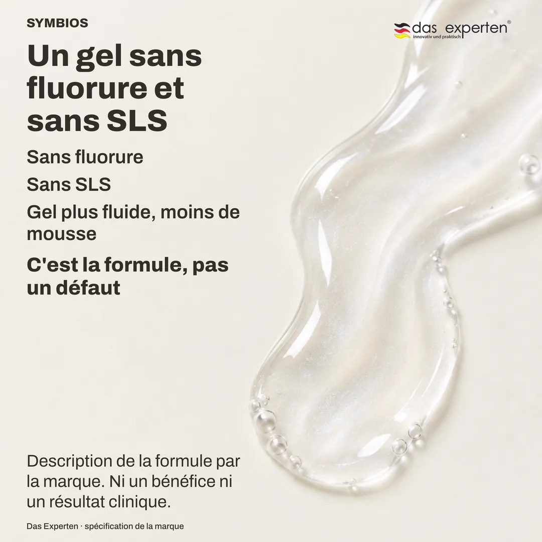 Illustration d'un gel translucide sur une tête de brosse, plus fluide qu'un dentifrice et peu moussant