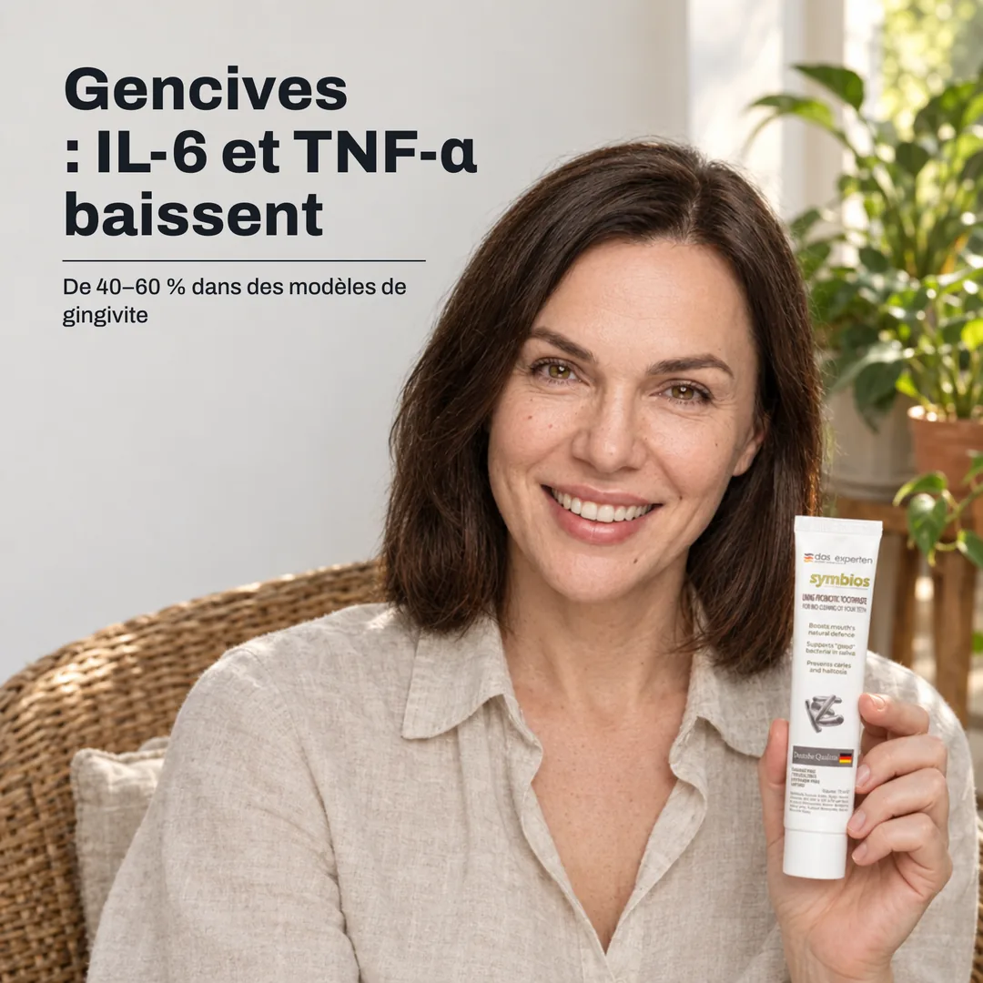 Gencives : IL-6 et TNF-α baissent — De 40–60 % dans des modèles de gingivite