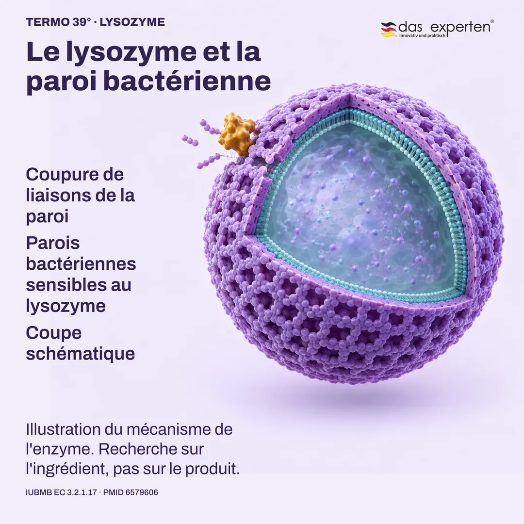 Coupe schématique d'une paroi bactérienne sensible au lysozyme, où l'enzyme coupe des liaisons