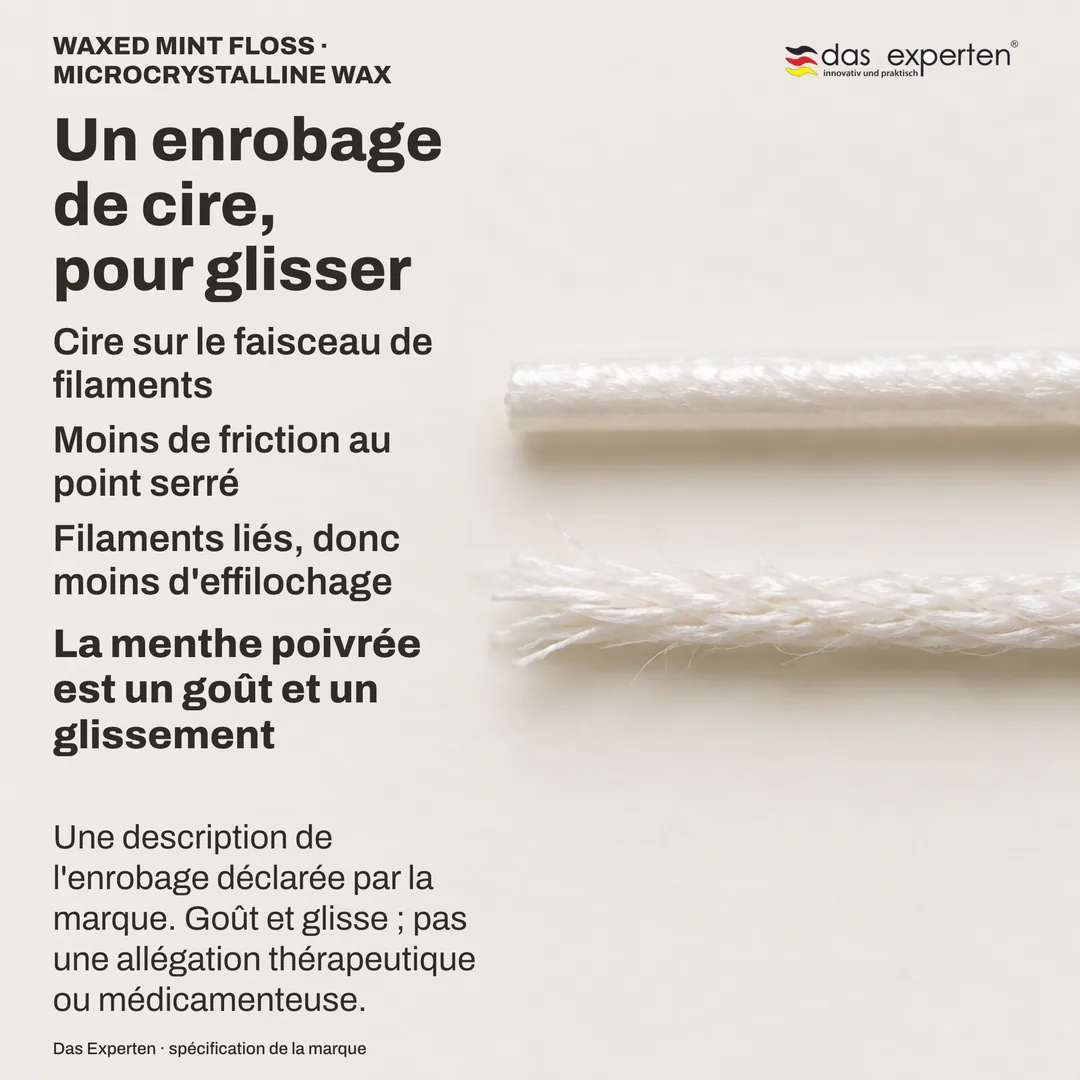 Étude de matériau : un fil ciré grossi, enrobage continu, à côté d'un faisceau non ciré dont les fibres se séparent