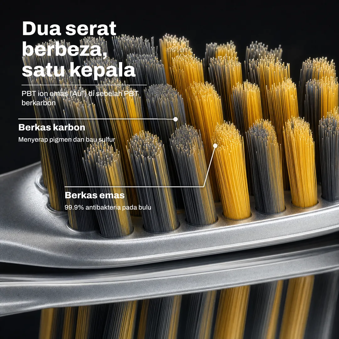 Dua serat berbeza, satu kepala — PBT ion emas (Au⁺) di sebelah PBT berkarbon · Berkas emas: 99.9% antibakteria pada bulu · Berkas karbon: Menyerap pigmen dan bau sulfur