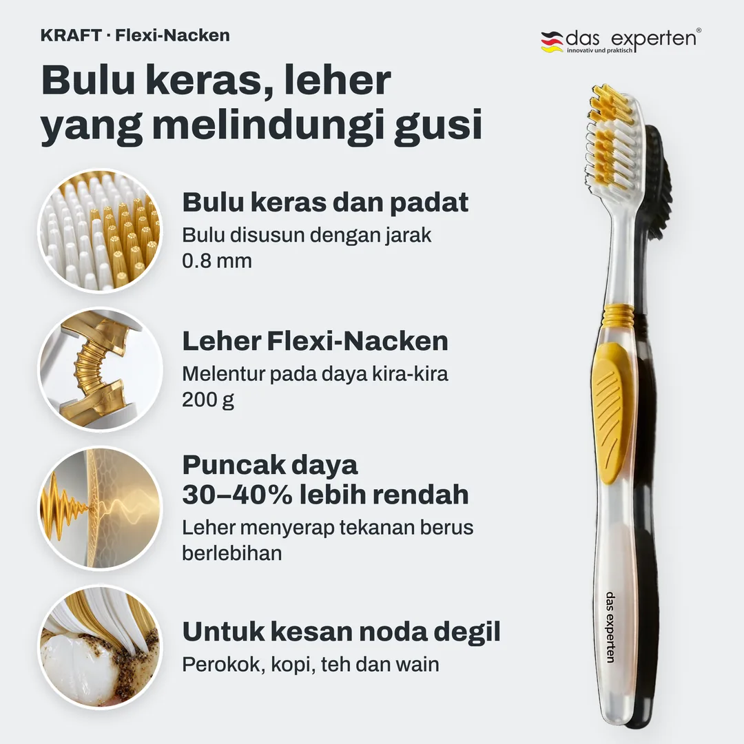 Bulu keras, leher yang melindungi gusi — Bulu keras dan padat; Leher Flexi-Nacken; Puncak daya 30–40% lebih rendah; Untuk kesan noda degil