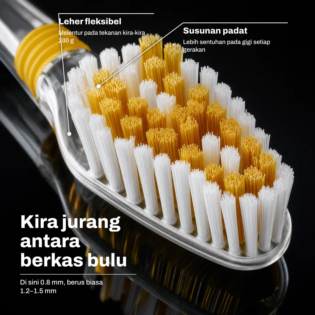 Kira jurang antara berkas bulu — Di sini 0.8 mm, berus biasa 1.2–1.5 mm · Susunan padat: Lebih sentuhan pada gigi setiap gerakan · Leher fleksibel: Melentur pada tekanan kira-kira 200 g