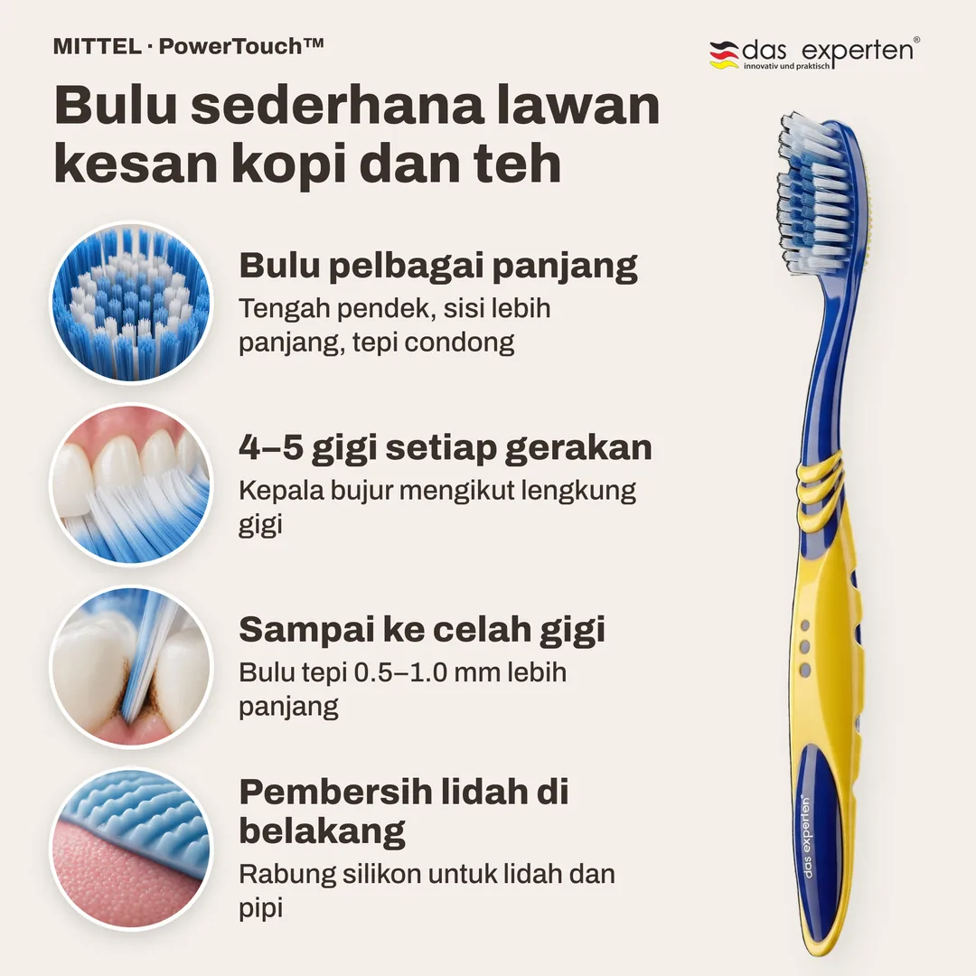 Bulu sederhana lawan kesan kopi dan teh — Bulu pelbagai panjang; 4–5 gigi setiap gerakan; Sampai ke celah gigi; Pembersih lidah di belakang