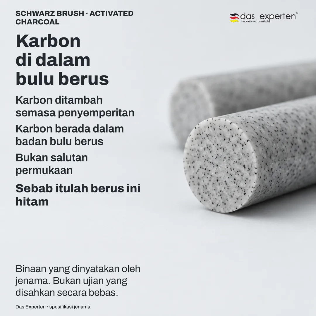 Keratan rentas skematik bulu berus: karbon tersebar dalam polimer, bukan disalut pada permukaan