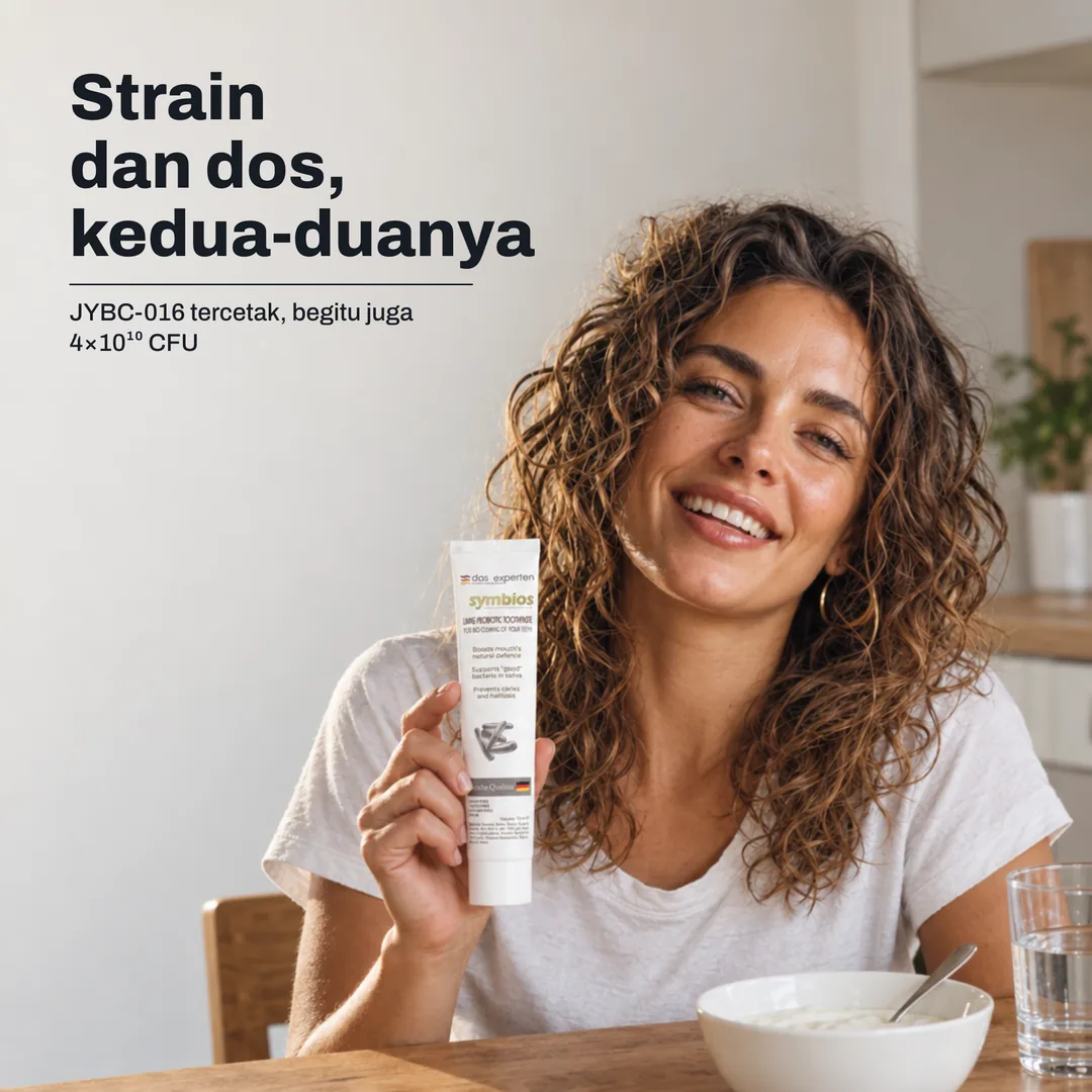 Strain dan dos, kedua-duanya — JYBC-016 tercetak, begitu juga 4×10¹⁰ CFU