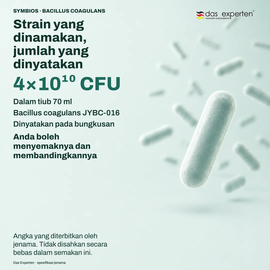 Ilustrasi plat spesifikasi dengan 4×10¹⁰ CFU dalam tiub 70 ml dan strain Bacillus coagulans JYBC-016 menurut jenama