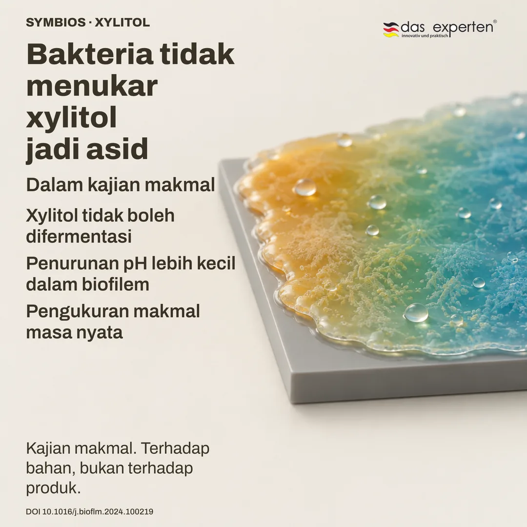 Ilustrasi biofilem pada permukaan neutral: dengan xylitol pH turun lebih sedikit — pengukuran makmal