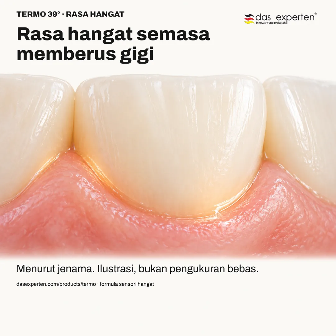 Ilustrasi rasa hangat semasa memberus gigi dengan TERMO 39°, ciri deria formula