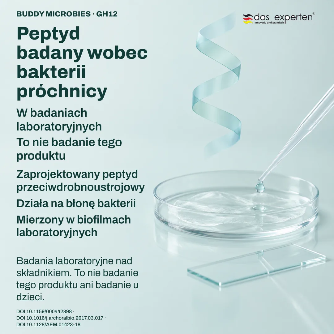 Ilustracja laboratoryjna: próbki biofilmu mierzone z peptydem GH12 — badania składnika, nie produktu