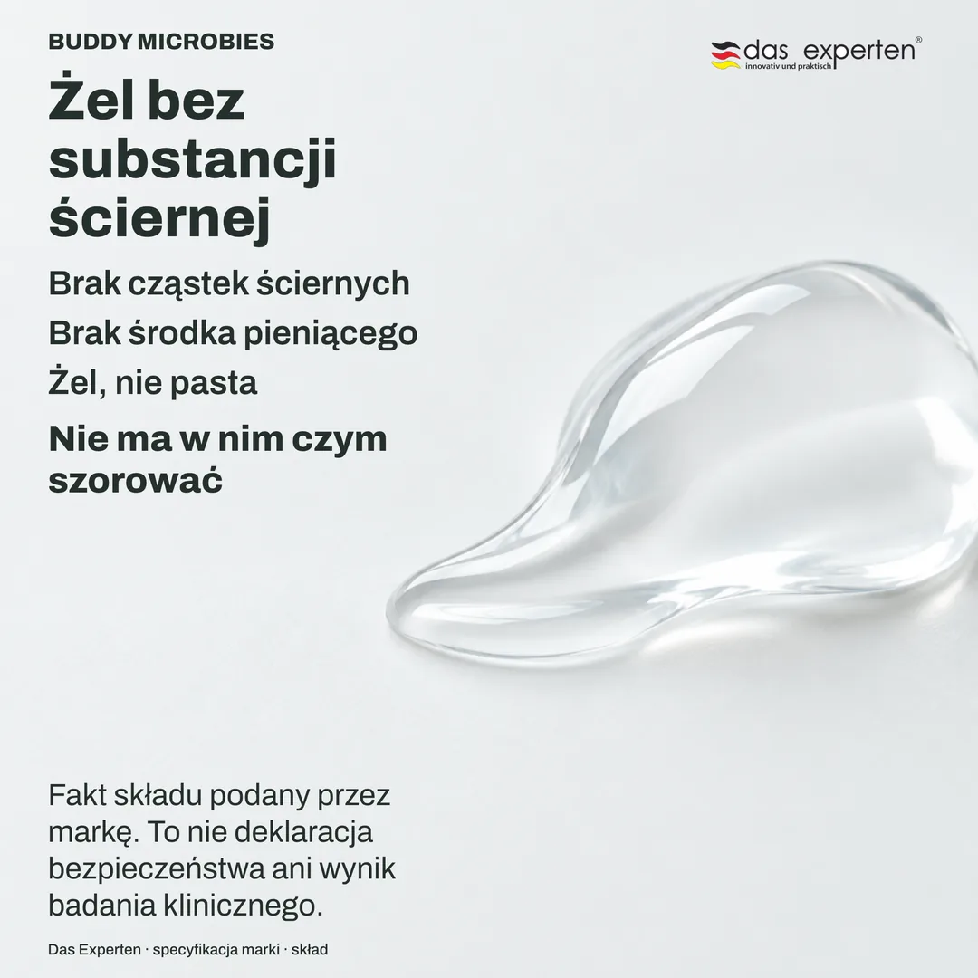 Ilustracja przezroczystego żelu na małej główce szczoteczki, bez piany: żel bez substancji ściernej