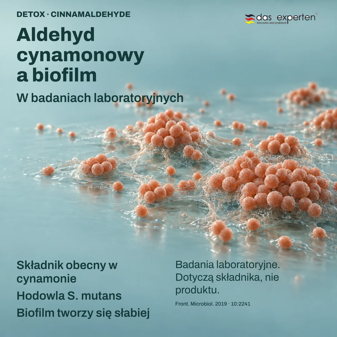 Ilustracja: hodowla S. mutans tworzy mniej biofilmu z aldehydem cynamonowym, składnikiem cynamonu, w laboratorium