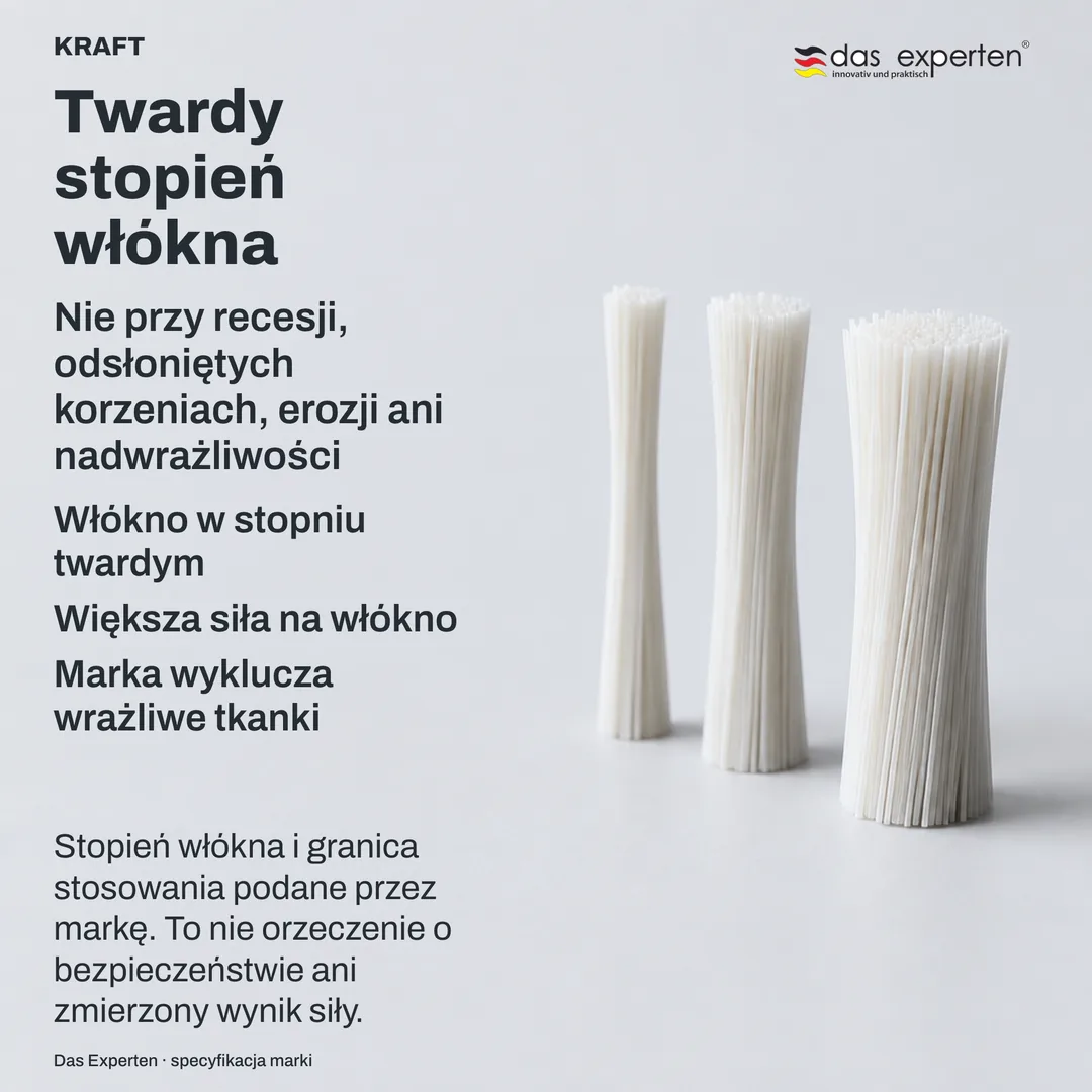 Tabliczka specyfikacji: stopień włókna na neutralnej skali, obok wykluczenie marki o tej samej wadze