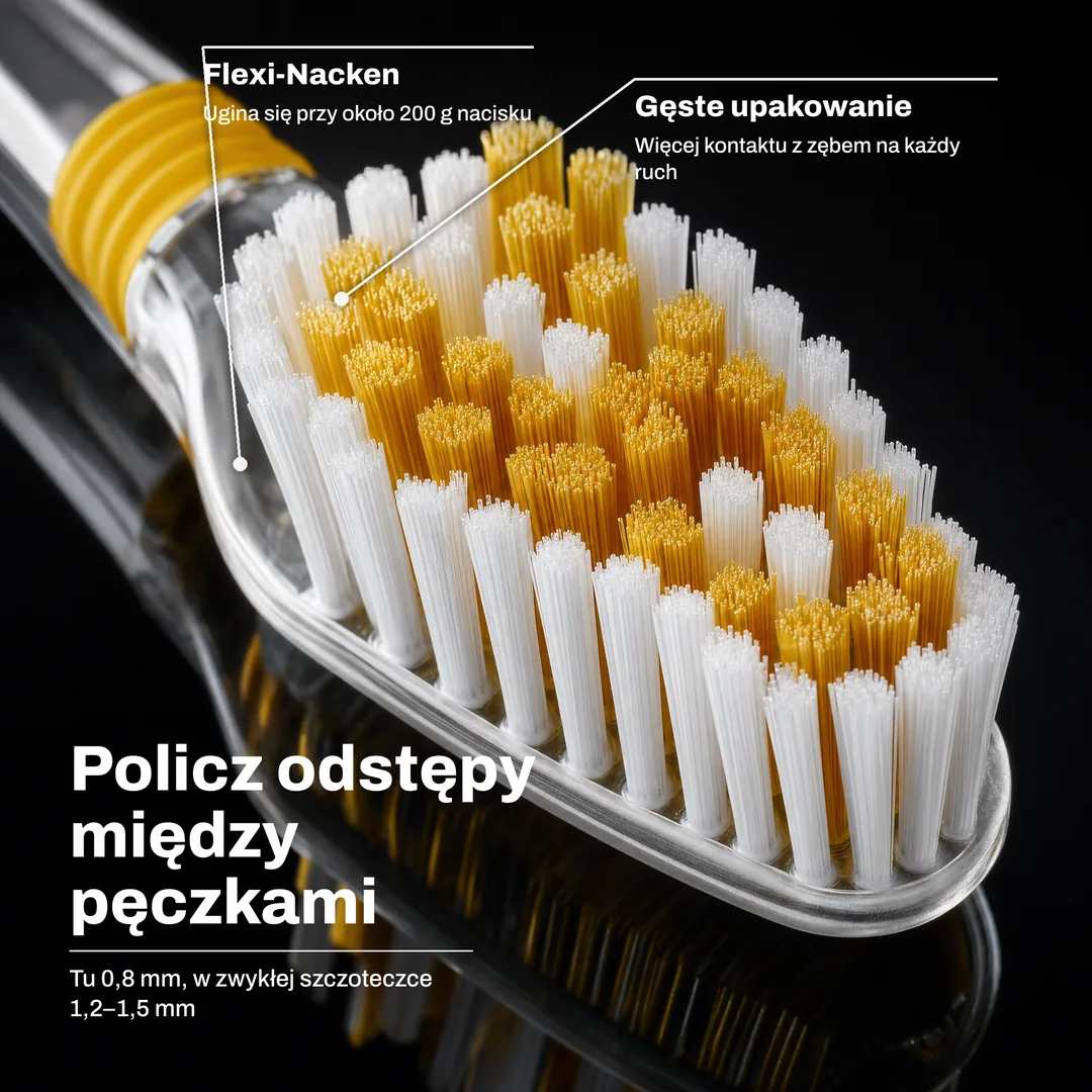 Policz odstępy między pęczkami — Tu 0,8 mm, w zwykłej szczoteczce 1,2–1,5 mm · Gęste upakowanie: Więcej kontaktu z zębem na każdy ruch · Flexi-Nacken: Ugina się przy około 200 g nacisku