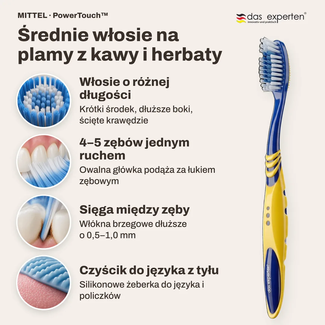 Średnie włosie na plamy z kawy i herbaty — Włosie o różnej długości; 4–5 zębów jednym ruchem; Sięga między zęby; Czyścik do języka z tyłu
