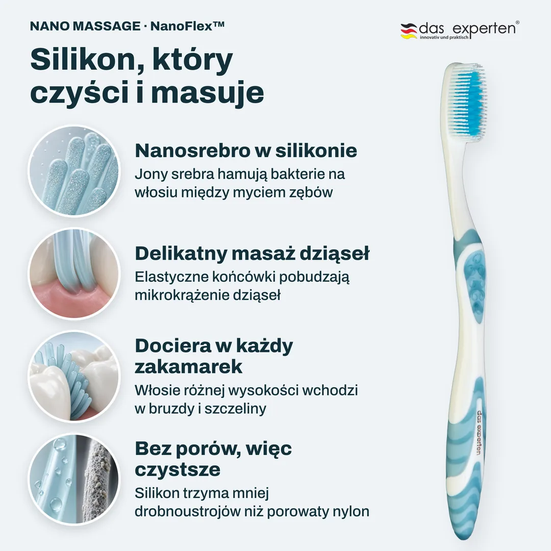 Silikon, który czyści i masuje — Nanosrebro w silikonie; Delikatny masaż dziąseł; Dociera w każdy zakamarek; Bez porów, więc czystsze