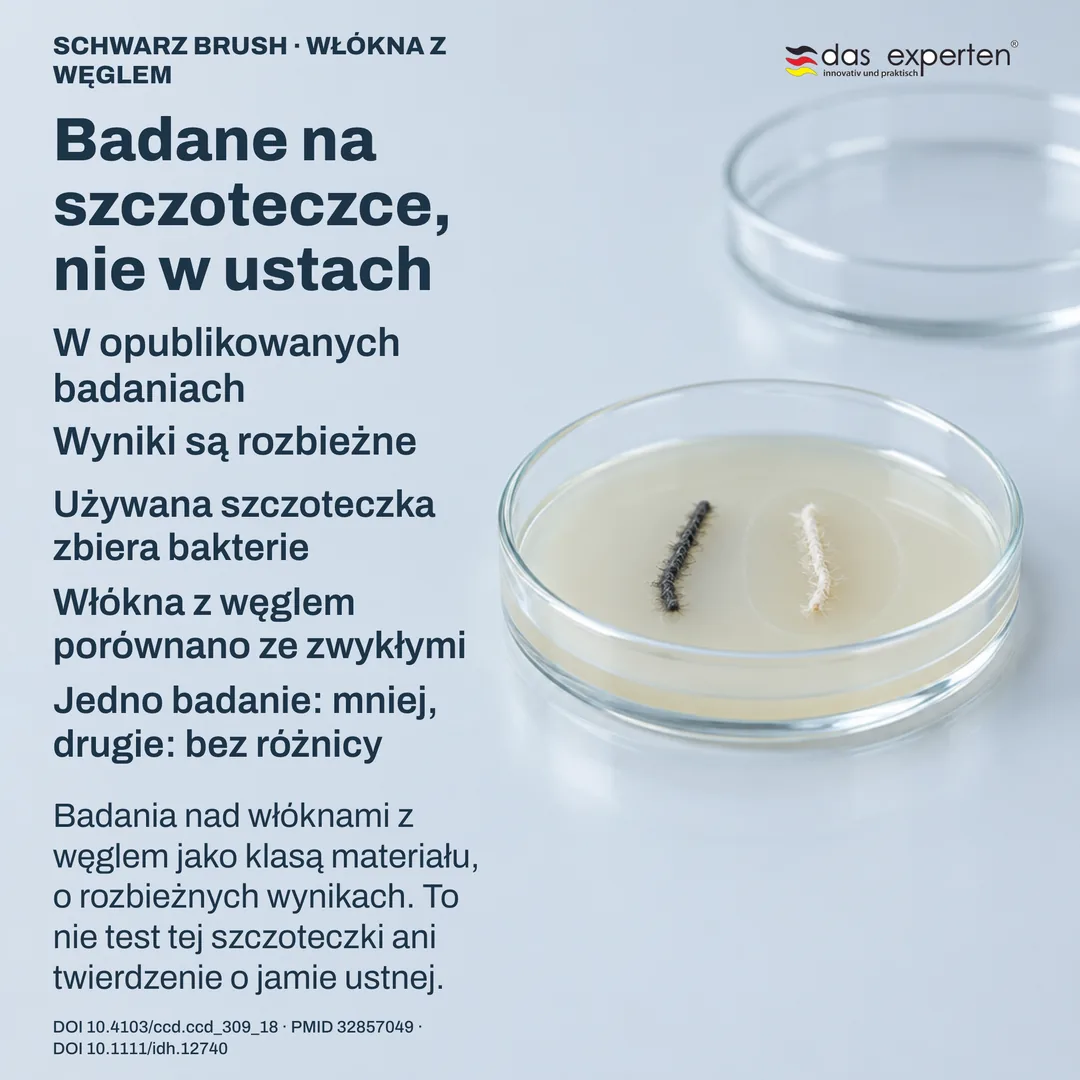 Porównanie laboratoryjne: dwie próbki włókien na płytce hodowlanej, wokół jednej zmierzona strefa — badania nad szczoteczkami