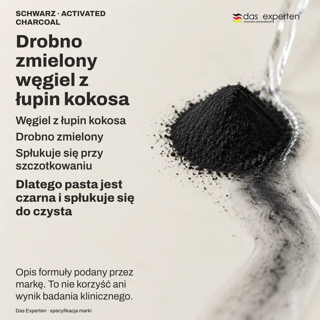 Ilustracja drobno zmielonego węgla kokosowego unoszonego przez wodę do płukania: opis formuły według marki