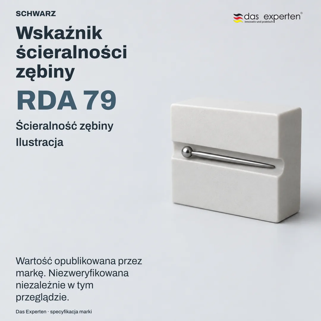 Poglądowa powierzchnia zębiny z wartością RDA 79: wskaźnik ścieralności zębiny pasty SCHWARZ według marki