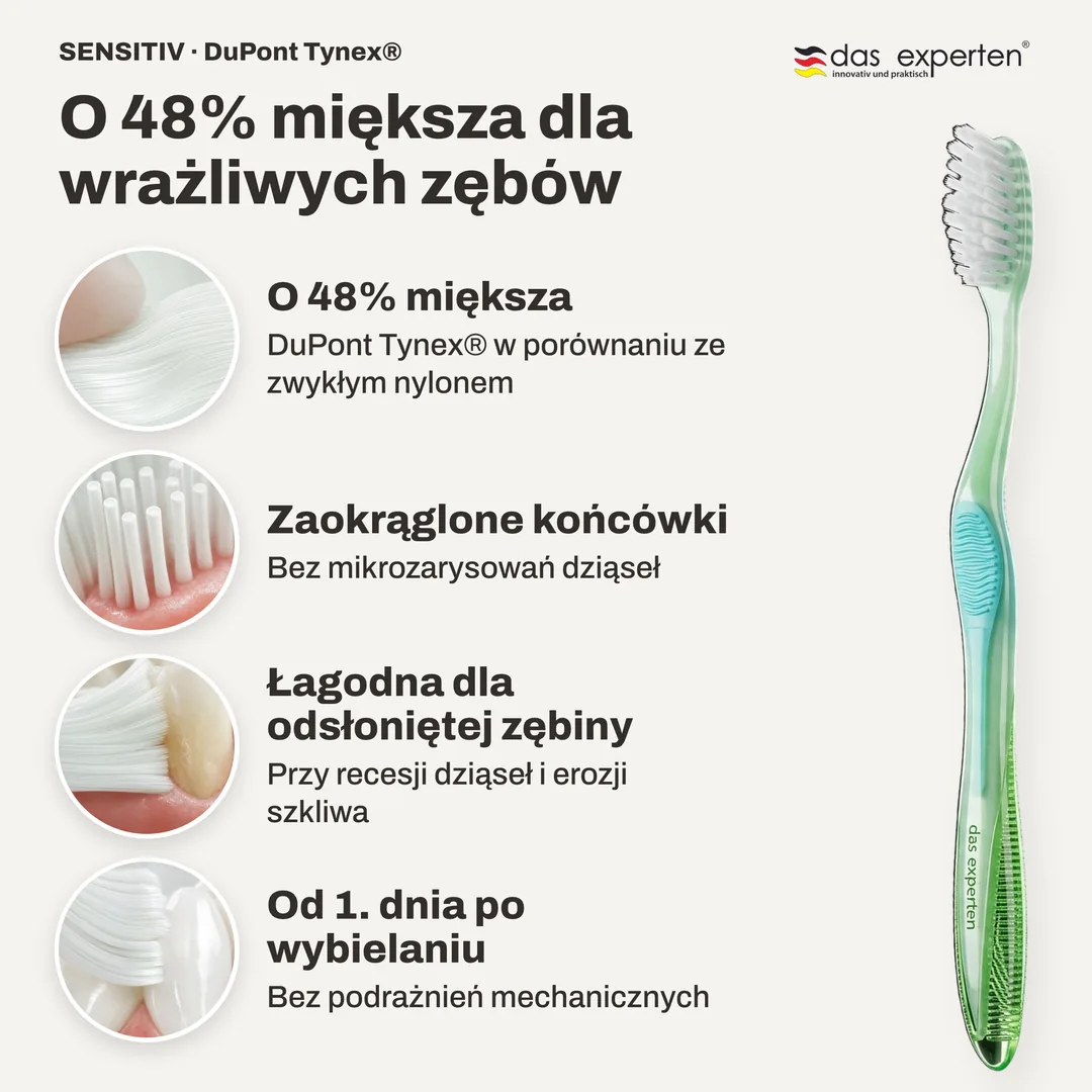 O 48% miększa dla wrażliwych zębów — O 48% miększa; Zaokrąglone końcówki; Łagodna dla odsłoniętej zębiny; Od 1. dnia po wybielaniu